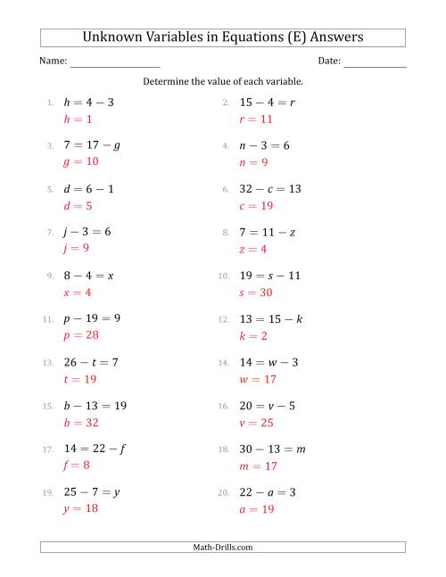 The Unknown Variables in Equations - Subtraction - Range 1 to 20 - Any Position (E) Math Worksheet Page 2