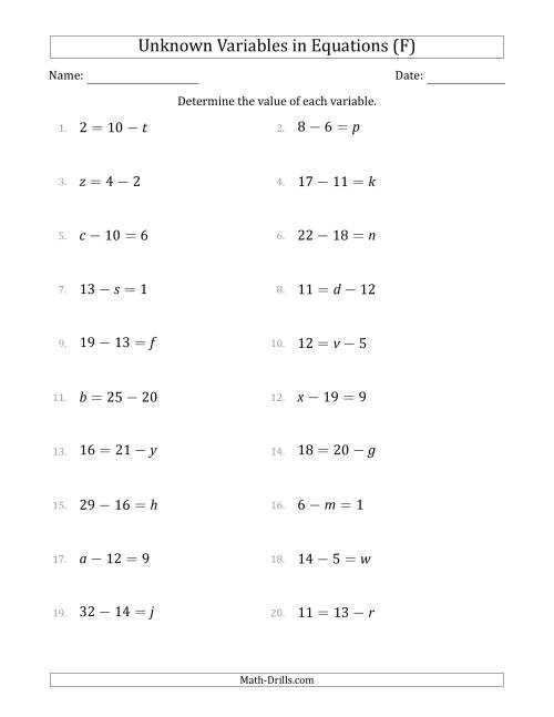 The Unknown Variables in Equations - Subtraction - Range 1 to 20 - Any Position (F) Math Worksheet