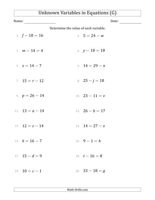 The Unknown Variables in Equations - Subtraction - Range 1 to 20 - Any Position (G) Math Worksheet