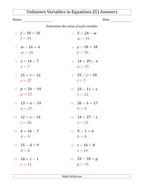 The Unknown Variables in Equations - Subtraction - Range 1 to 20 - Any Position (G) Math Worksheet Page 2