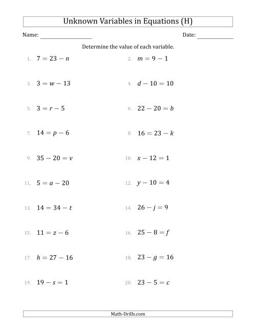 The Unknown Variables in Equations - Subtraction - Range 1 to 20 - Any Position (H) Math Worksheet