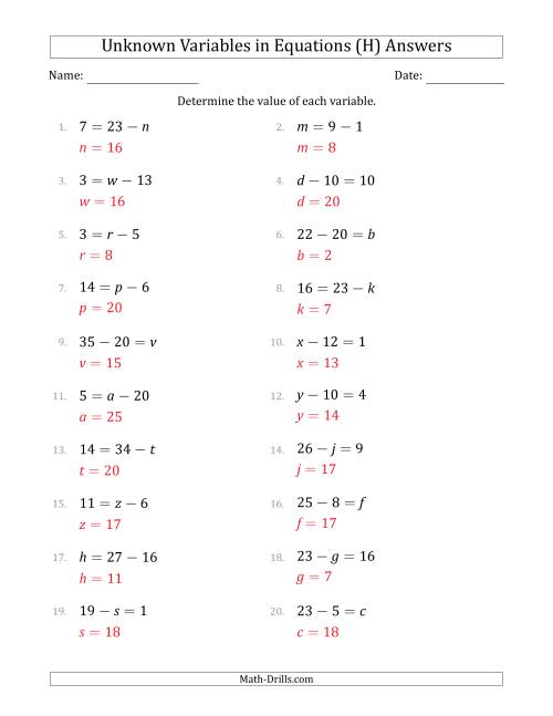 The Unknown Variables in Equations - Subtraction - Range 1 to 20 - Any Position (H) Math Worksheet Page 2