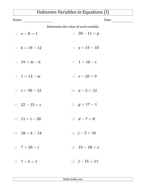The Unknown Variables in Equations - Subtraction - Range 1 to 20 - Any Position (I) Math Worksheet