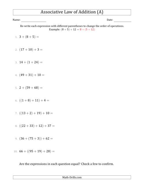The Associative Law of Addition (Whole Numbers Only) (A) Math Worksheet