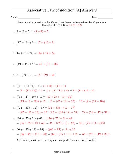 The Associative Law of Addition (Whole Numbers Only) (A) Math Worksheet Page 2