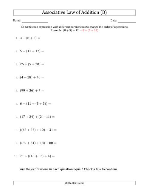 The Associative Law of Addition (Whole Numbers Only) (B) Math Worksheet