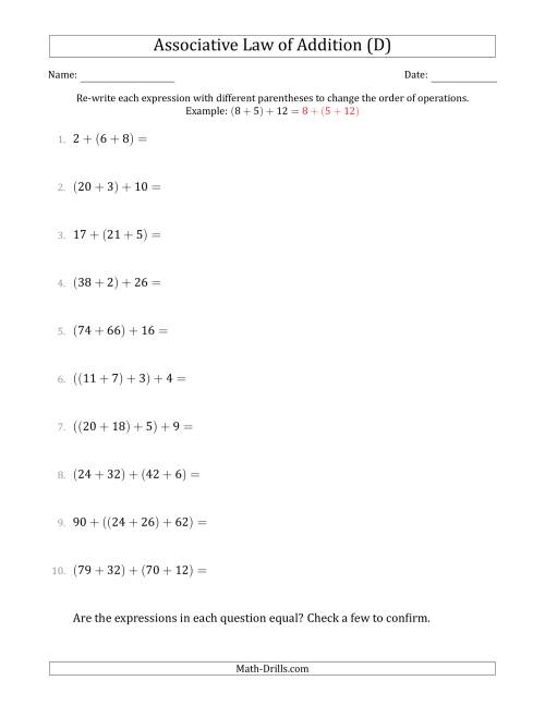 The Associative Law of Addition (Whole Numbers Only) (D) Math Worksheet