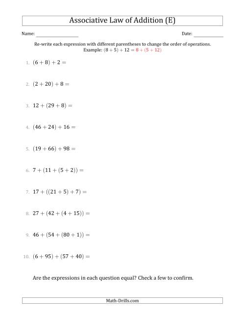 The Associative Law of Addition (Whole Numbers Only) (E) Math Worksheet