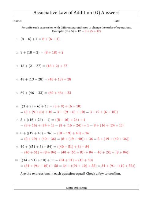 The Associative Law of Addition (Whole Numbers Only) (G) Math Worksheet Page 2