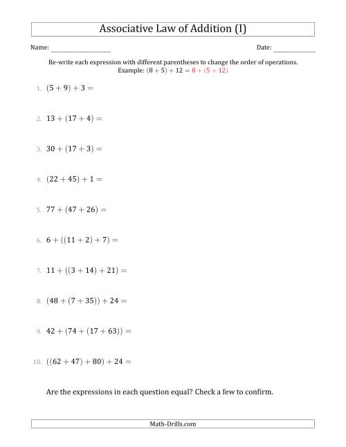 The Associative Law of Addition (Whole Numbers Only) (I) Math Worksheet