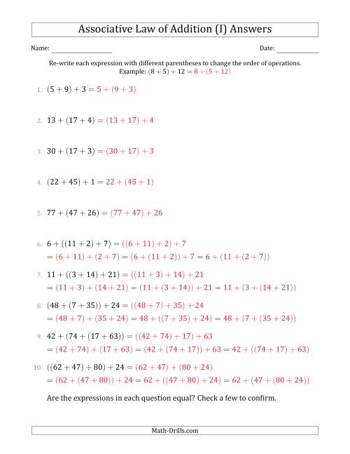 The Associative Law of Addition (Whole Numbers Only) (I) Math Worksheet Page 2