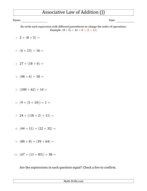 The Associative Law of Addition (Whole Numbers Only) (J) Math Worksheet