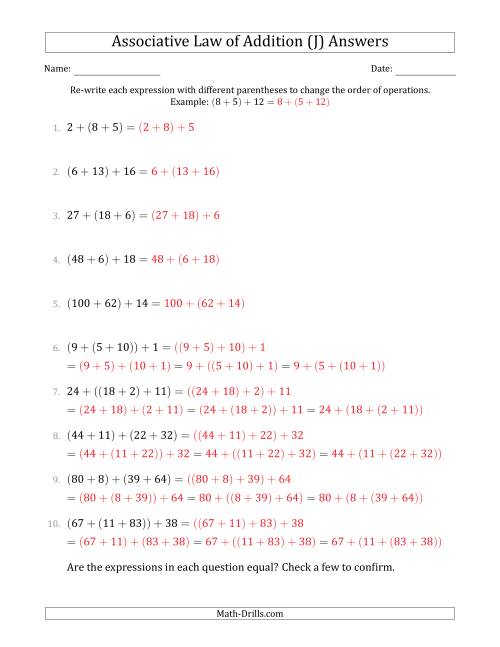 The Associative Law of Addition (Whole Numbers Only) (J) Math Worksheet Page 2