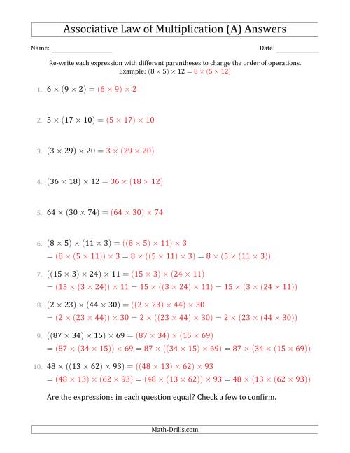 The Associative Law of Multiplication (Whole Numbers Only) (A) Math Worksheet Page 2