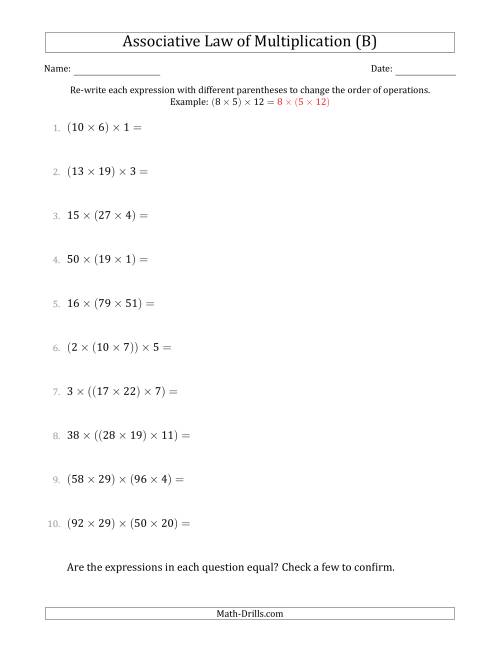 The Associative Law of Multiplication (Whole Numbers Only) (B) Math Worksheet