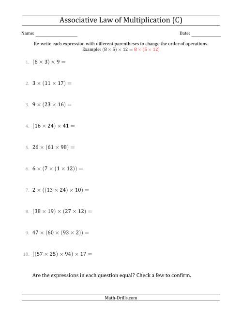 The Associative Law of Multiplication (Whole Numbers Only) (C) Math Worksheet