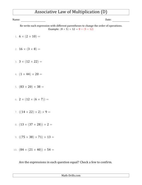 The Associative Law of Multiplication (Whole Numbers Only) (D) Math Worksheet