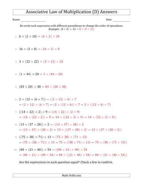 The Associative Law of Multiplication (Whole Numbers Only) (D) Math Worksheet Page 2