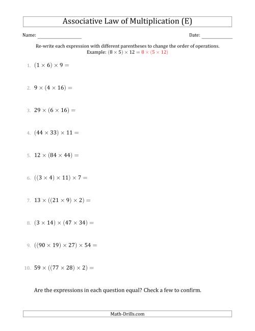 The Associative Law of Multiplication (Whole Numbers Only) (E) Math Worksheet