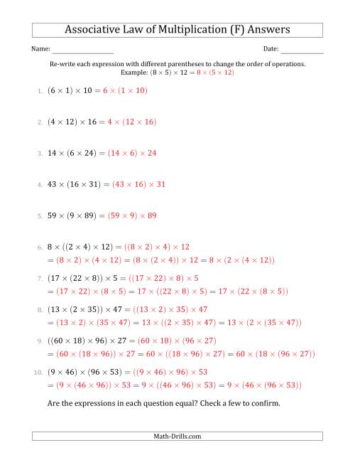 The Associative Law of Multiplication (Whole Numbers Only) (F) Math Worksheet Page 2