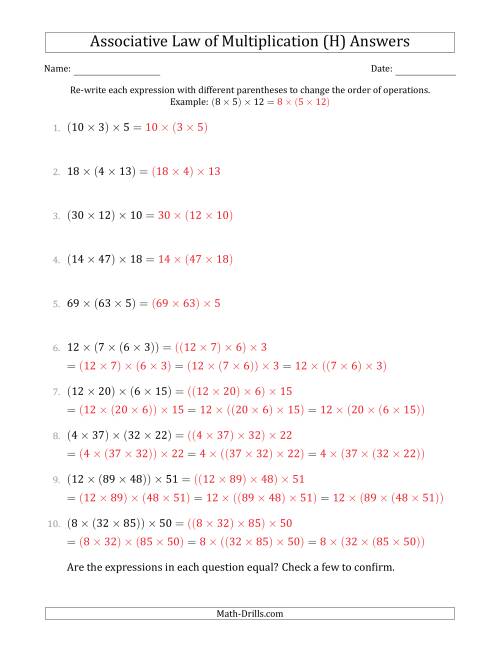 The Associative Law of Multiplication (Whole Numbers Only) (H) Math Worksheet Page 2