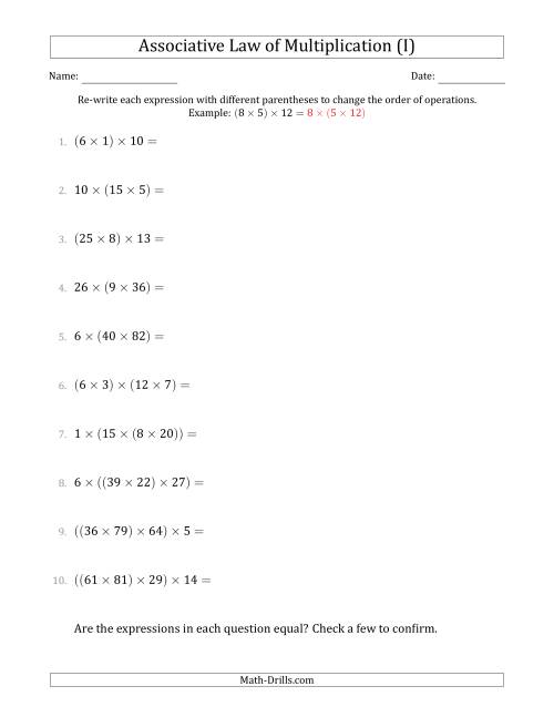 The Associative Law of Multiplication (Whole Numbers Only) (I) Math Worksheet