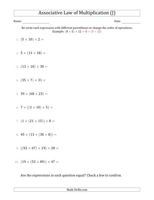 The Associative Law of Multiplication (Whole Numbers Only) (J) Math Worksheet