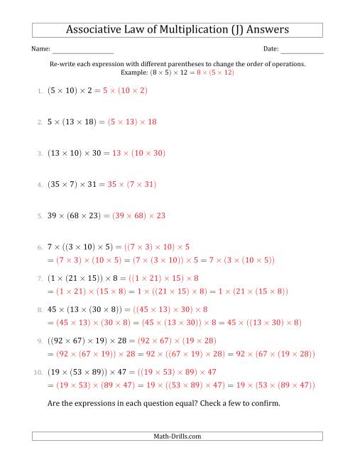 The Associative Law of Multiplication (Whole Numbers Only) (J) Math Worksheet Page 2