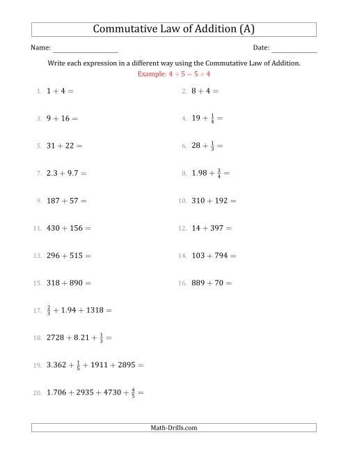 The The Commutative Law of Addition (Numbers Only) (A) Math Worksheet