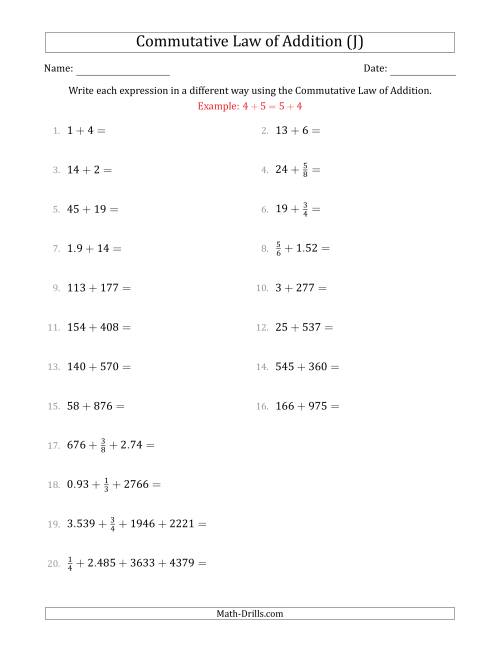 The The Commutative Law of Addition (Numbers Only) (J) Math Worksheet