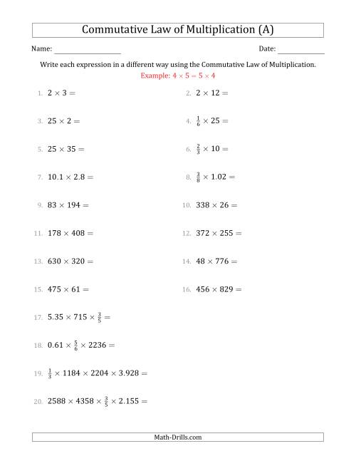 The The Commutative Law of Multiplication (Numbers Only) (A) Math Worksheet