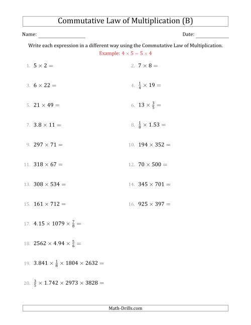 The The Commutative Law of Multiplication (Numbers Only) (B) Math Worksheet