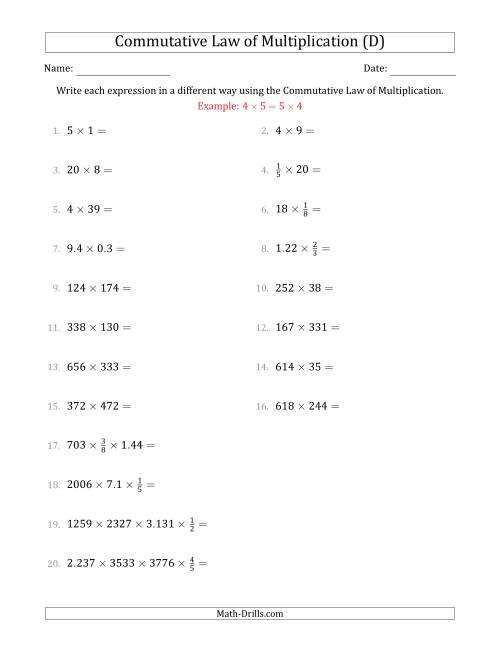 The The Commutative Law of Multiplication (Numbers Only) (D) Math Worksheet