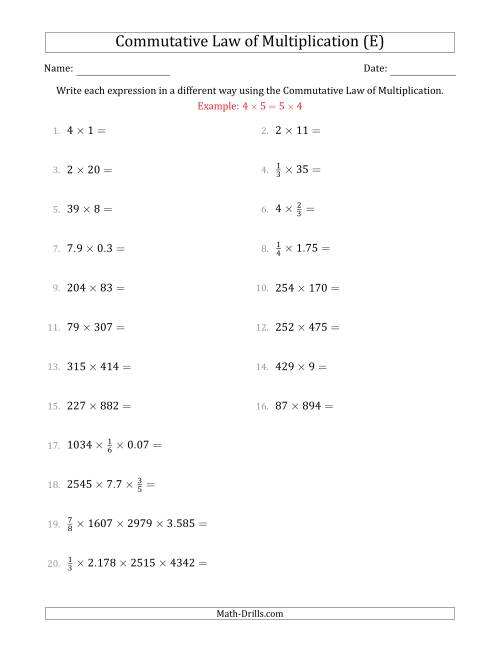 The The Commutative Law of Multiplication (Numbers Only) (E) Math Worksheet
