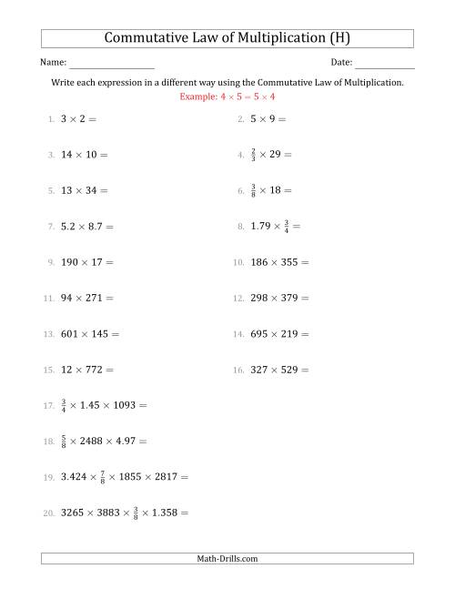 The The Commutative Law of Multiplication (Numbers Only) (H) Math Worksheet