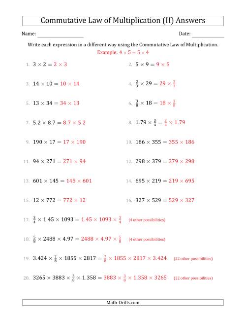 The The Commutative Law of Multiplication (Numbers Only) (H) Math Worksheet Page 2
