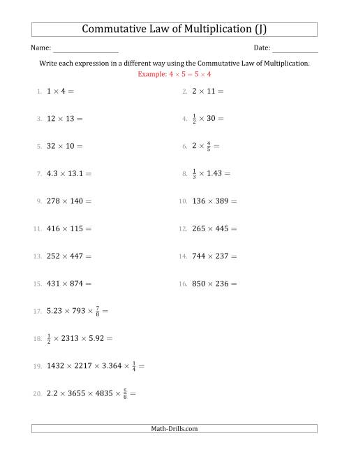 The The Commutative Law of Multiplication (Numbers Only) (J) Math Worksheet