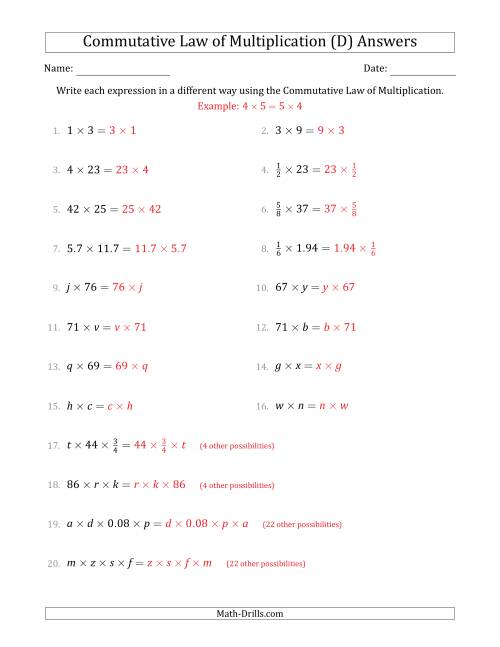 The The Commutative Law of Multiplication (Some Variables) (D) Math Worksheet Page 2