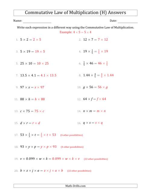 The The Commutative Law of Multiplication (Some Variables) (H) Math Worksheet Page 2