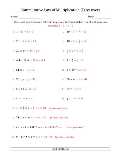 The The Commutative Law of Multiplication (Some Variables) (I) Math Worksheet Page 2