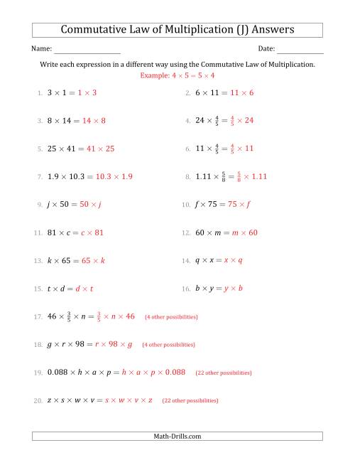 The The Commutative Law of Multiplication (Some Variables) (J) Math Worksheet Page 2