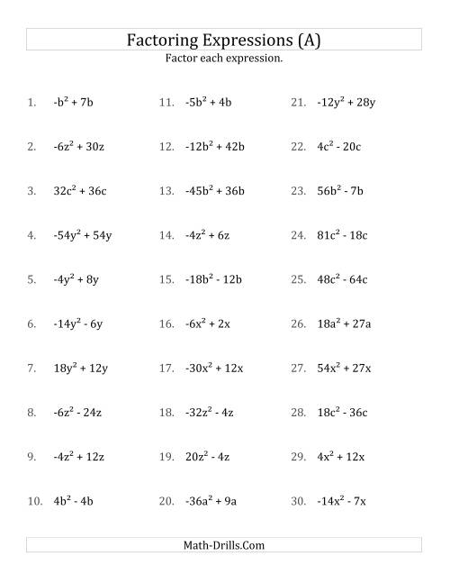 The Factoring Non-Quadratic Expressions with All Squares, Compound Coefficients, and Negative and Positive Multipliers (A) Math Worksheet