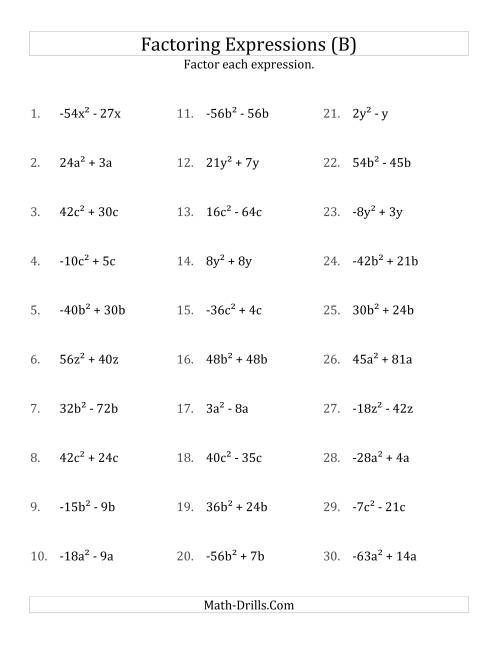 The Factoring Non-Quadratic Expressions with All Squares, Compound Coefficients, and Negative and Positive Multipliers (B) Math Worksheet