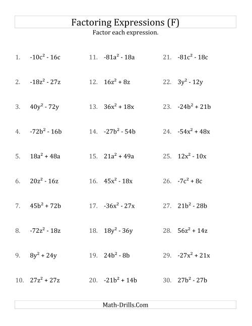 The Factoring Non-Quadratic Expressions with All Squares, Compound Coefficients, and Negative and Positive Multipliers (F) Math Worksheet