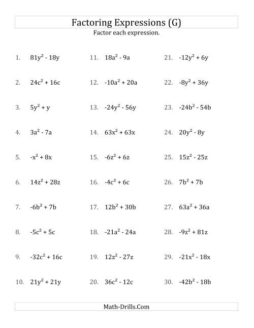 The Factoring Non-Quadratic Expressions with All Squares, Compound Coefficients, and Negative and Positive Multipliers (G) Math Worksheet