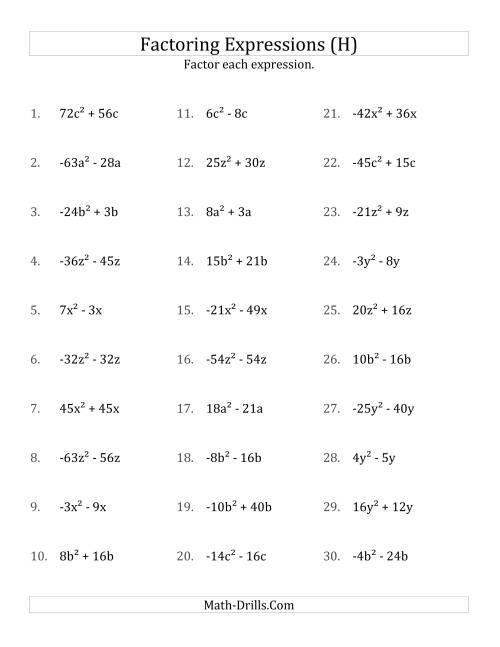 The Factoring Non-Quadratic Expressions with All Squares, Compound Coefficients, and Negative and Positive Multipliers (H) Math Worksheet
