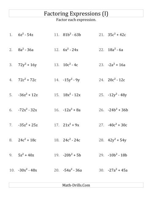 The Factoring Non-Quadratic Expressions with All Squares, Compound Coefficients, and Negative and Positive Multipliers (I) Math Worksheet