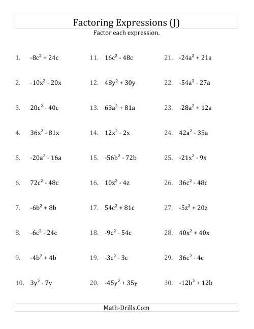 The Factoring Non-Quadratic Expressions with All Squares, Compound Coefficients, and Negative and Positive Multipliers (J) Math Worksheet