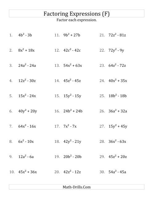 The Factoring Non-Quadratic Expressions with All Squares, Compound Coefficients, and Positive Multipliers (F) Math Worksheet