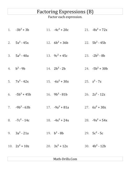 The Factoring Non-Quadratic Expressions with All Squares, Simple Coefficients, and Negative and Positive Multipliers (B) Math Worksheet